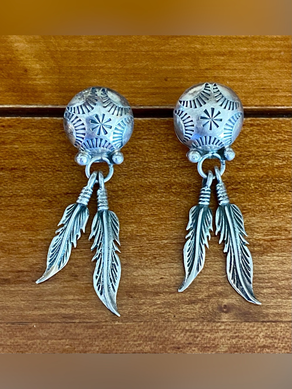 Vintage Native Sterling Silver Concho Feather Post Earrings